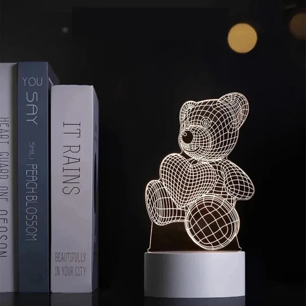 Lampu Malam Beruang Teddy 3D, Panel Akrilik USB Cahaya Putih Hangat