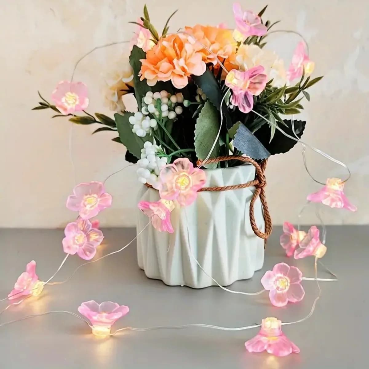 Lampu Hiasan Fairy 10-LED Bunga Sakura Merah Jambu, Bateri