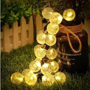 Lampu String Globe Kristal Solar, Putih Hangat Kalis Air