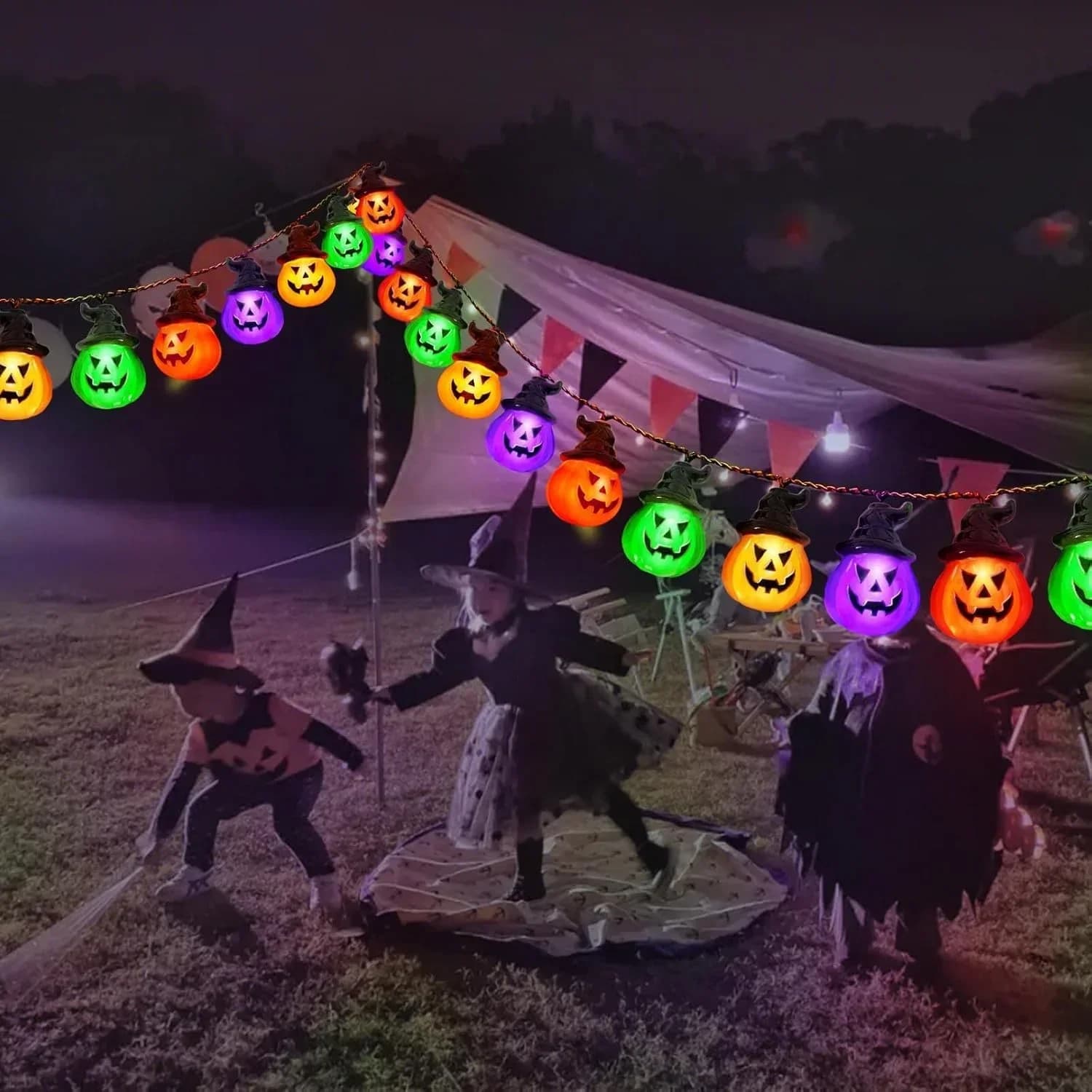 Lampu LED Pelbagai Warna Labu Halloween, Topi Penyihir, dan Muka Hantu