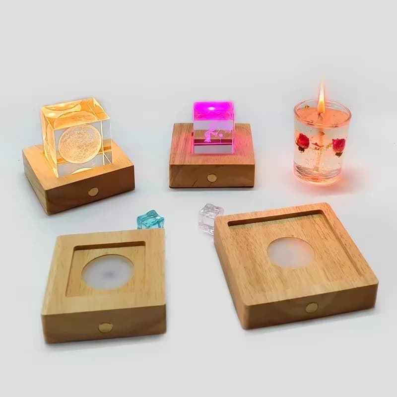 Tapak Lampu LED USB Boleh Cas Semula Kayu Segi Empat