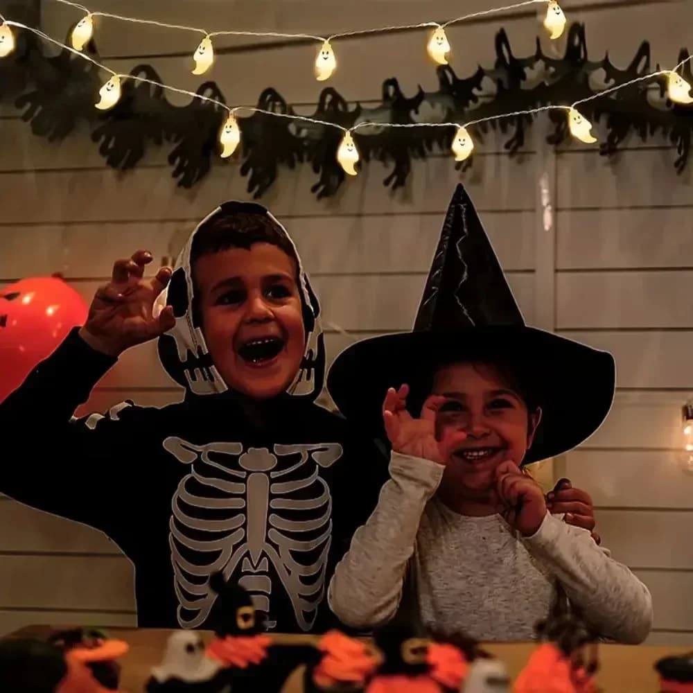 Lampu String Halloween Muka Tersenyum, Putih Hangat