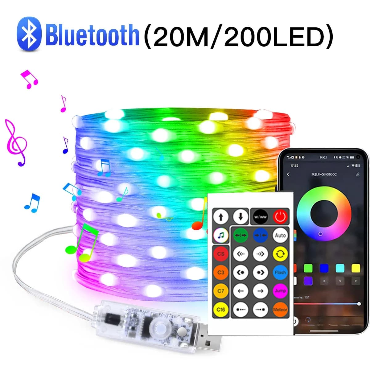 Lampu String LED RGBIC Bluetooth 20M, USB