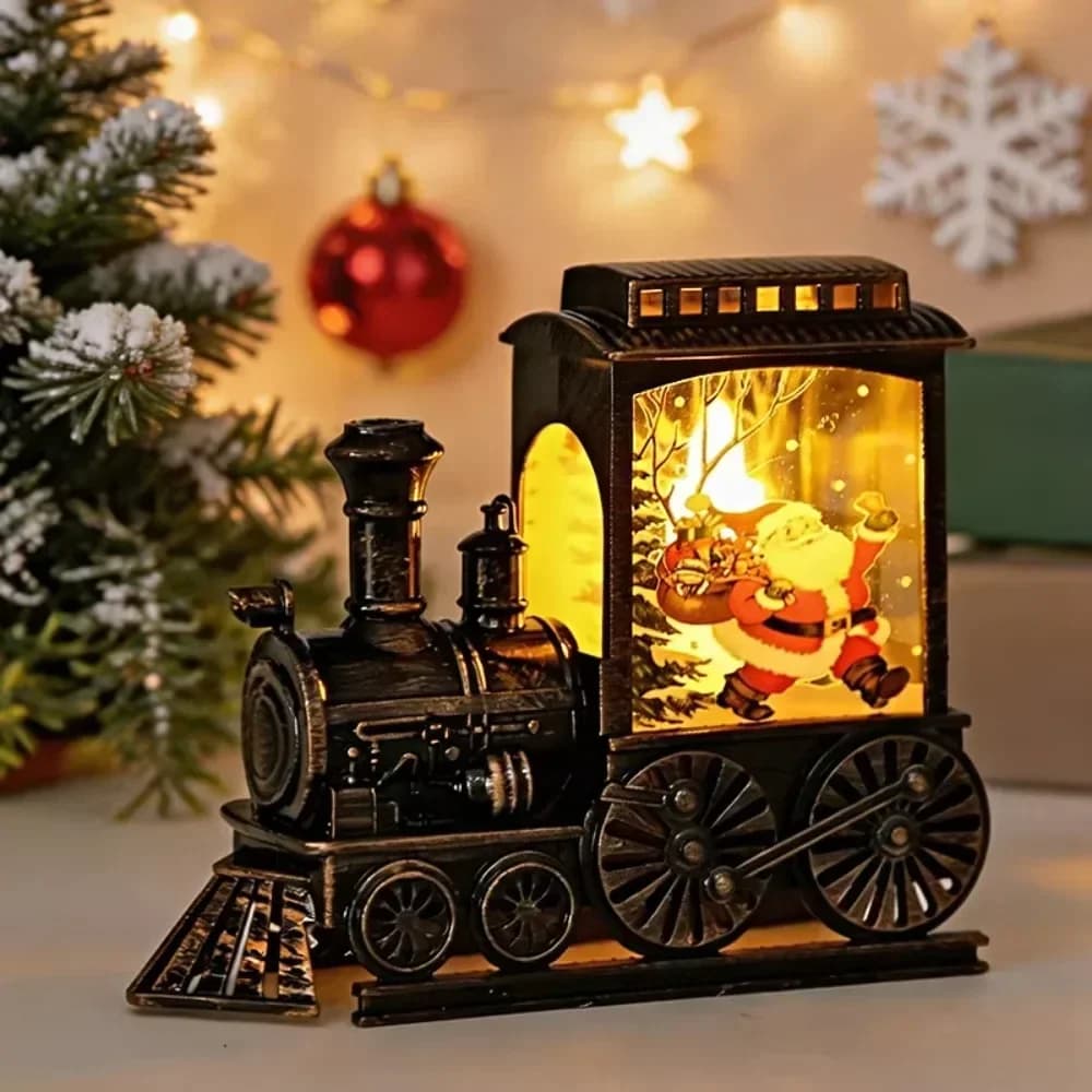 Lampu Malam LED Kereta Natal Cahaya Putih Hangat dengan Adegan Santa