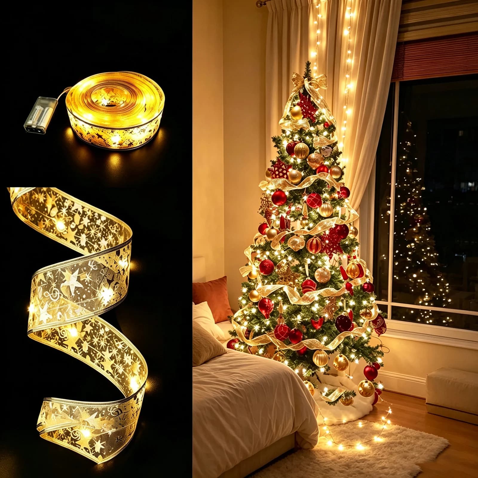 Lampu Reben LED Krismas Dua Lapisan Satin Emas