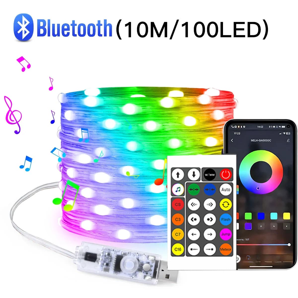 Lampu String LED RGBIC Bluetooth 20M, USB