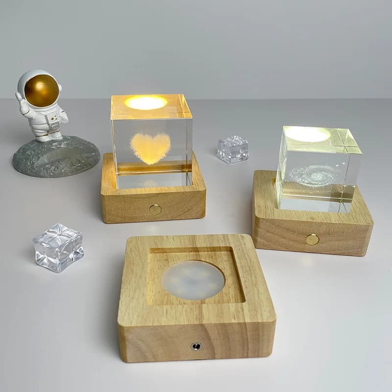 Tapak Lampu LED USB Boleh Cas Semula Kayu Segi Empat