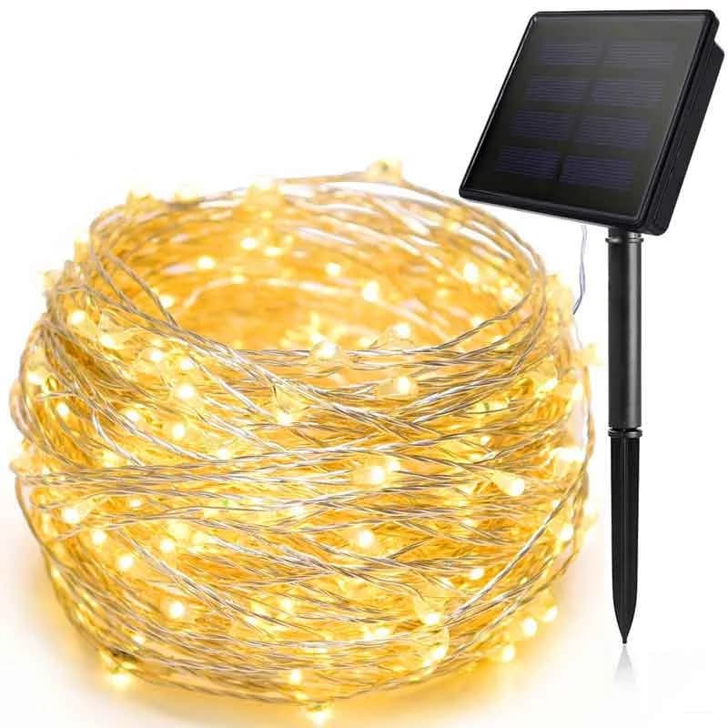 Lampu Wayar Tembaga Solar 100 LED, Kalis Air Luaran